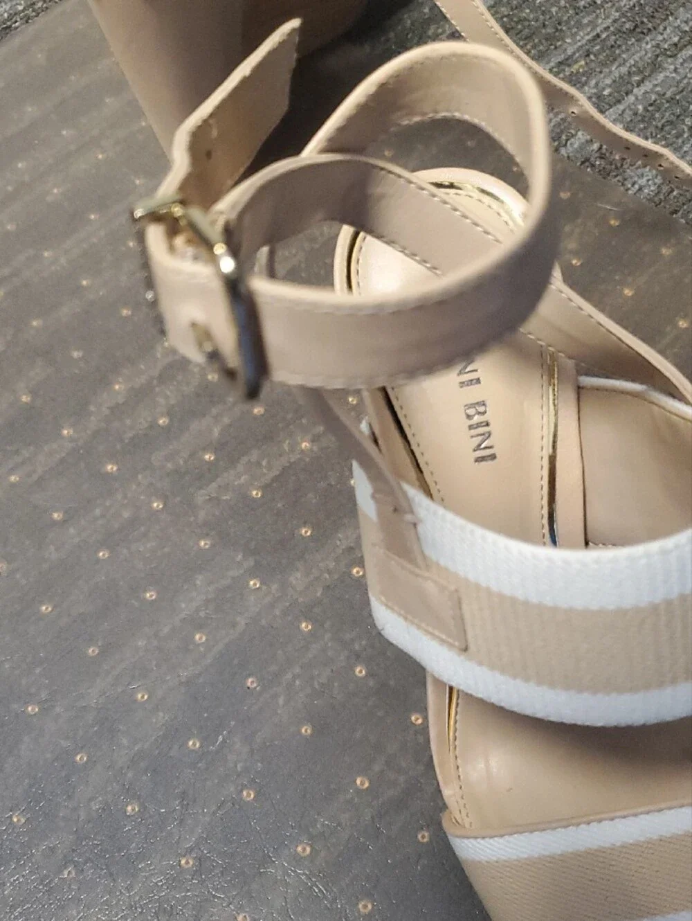 Gianni Bini Beige and White Strappy Block Heel Sandals
